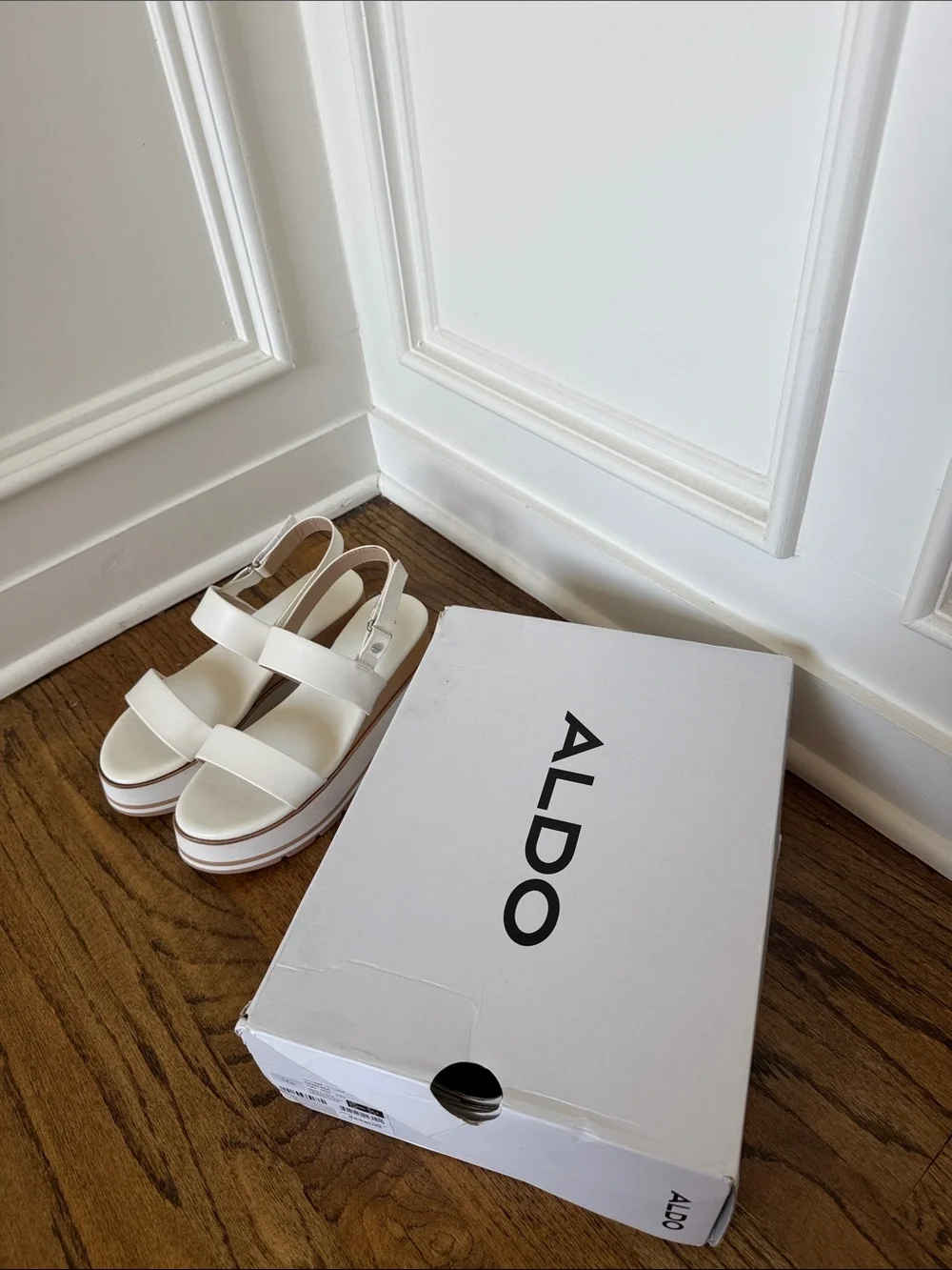 Aldo White Platform Slingback Sandals with Tan Trim